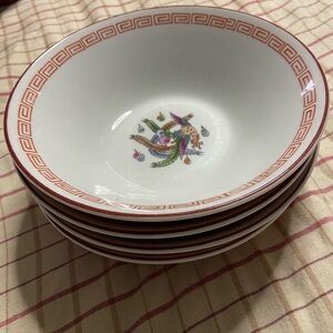4PC. Lot U.K. Vintage Asian-Style Bird Motif Soup Bowls with Greek Key Border